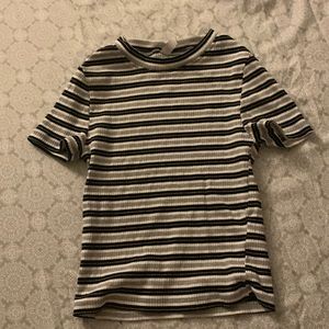 Striped grey, black, and white crop top
